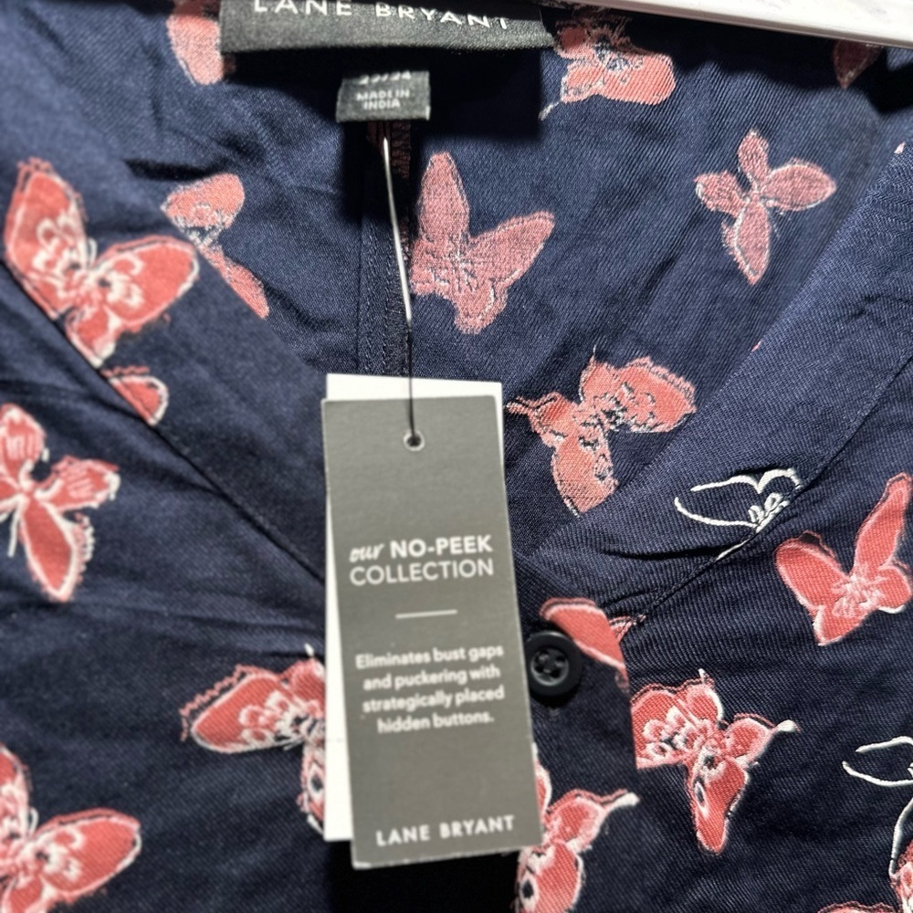 Lane Bryant NoPeek ButtonFront Lace Trimmed Top LongSleeve Inky Butterfly 22/24 - Picture 3 of 15